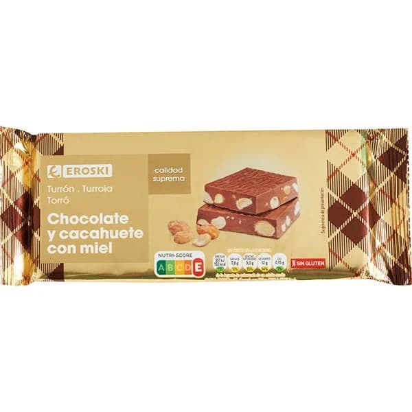 Turrón de chocolate con cacahuete frito EROSKI, tableta 150 g - 1 ud - Imagen del producto en Findit