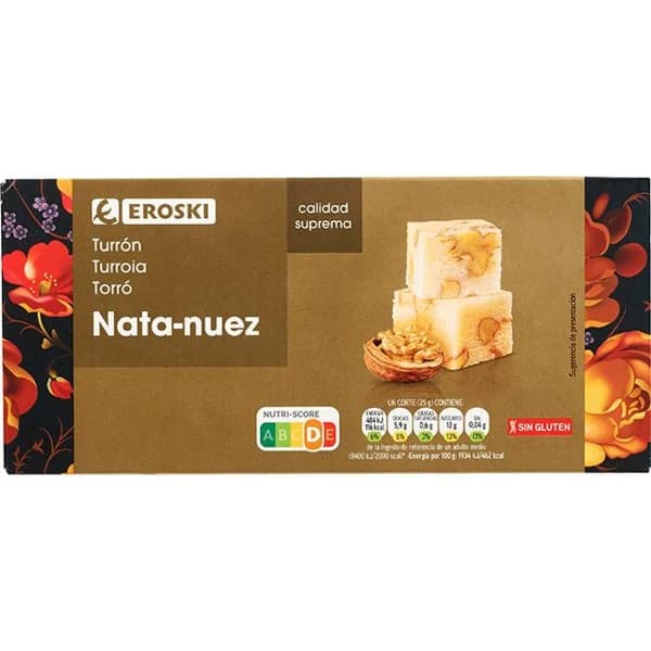 Turrón de nata-nuez EROSKI, caja 200 g - 1 ud - Imagen del producto en Findit