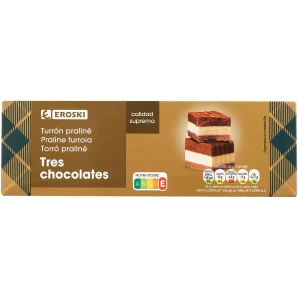 Turrón praliné tres chocolates EROSKI, caja 150 g - 1 ud - Imagen del producto en Findit