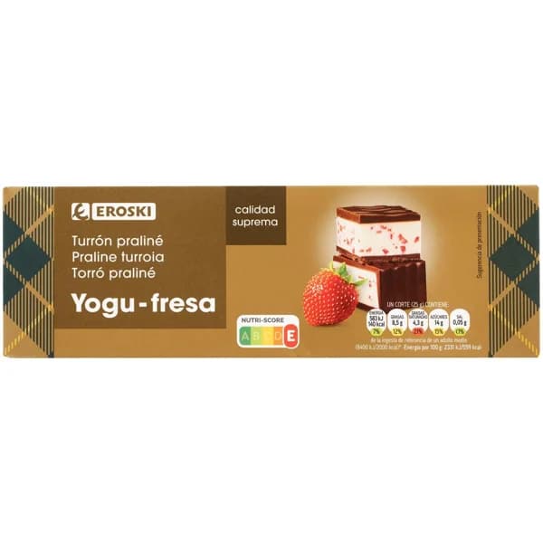 Turrón praliné y yogu-fresa EROSKI, caja 150 g - 1 ud - Imagen del producto en Findit