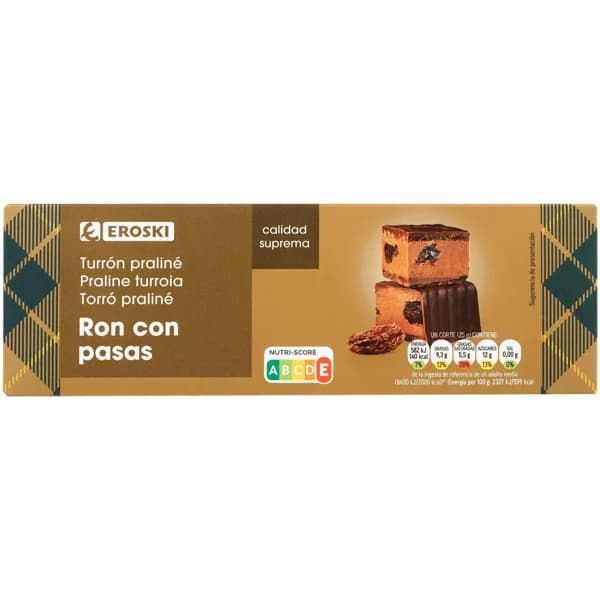 Turrón praliné de ron con pasas EROSKI, caja 150 g - 1 ud - Imagen del producto en Findit