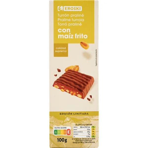Turrón de chocolate con leche y maíz frito EROSKI, caja 100 g - 1 ud - Imagen del producto en Findit