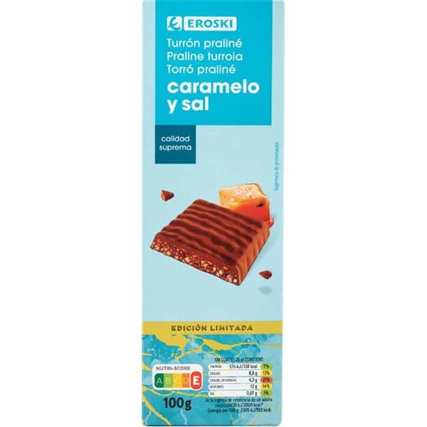 Turrón de caramelo y sal EROSKI, caja 100 g - 1 ud - Imagen del producto en Findit