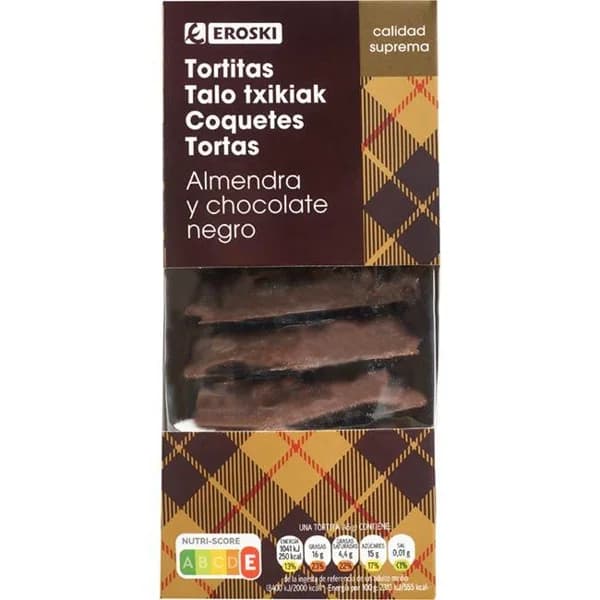 Mini tortitas de chocolate negro c/ almendras EROSKI, caja 225 g - 1 ud - Imagen del producto en Findit