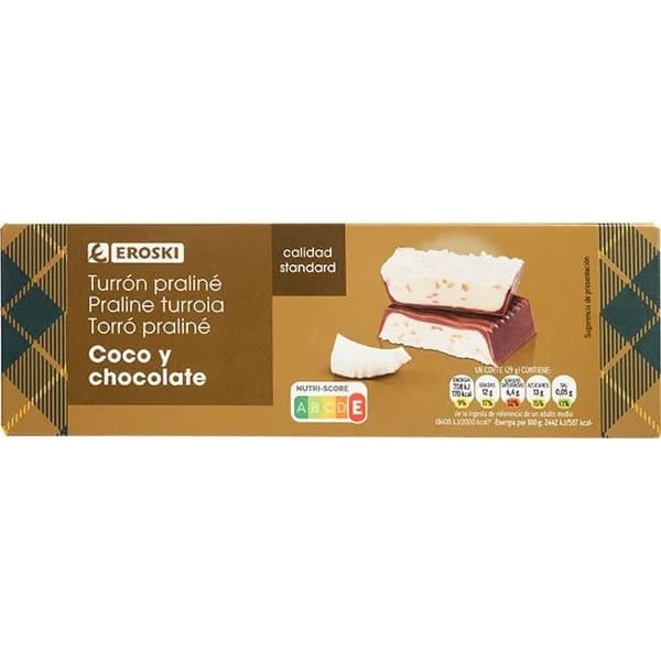 Turrón praliné de coco y chocolate con leche EROSKI, caja 150 g - 1 ud - Imagen del producto en Findit