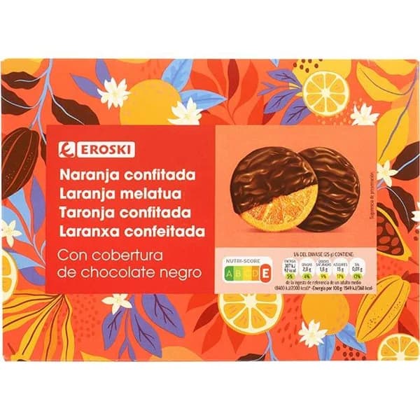 Naranja cubierta de chocolate negro deluxe EROSKI, caja 150 g - 1 ud - Imagen del producto en Findit