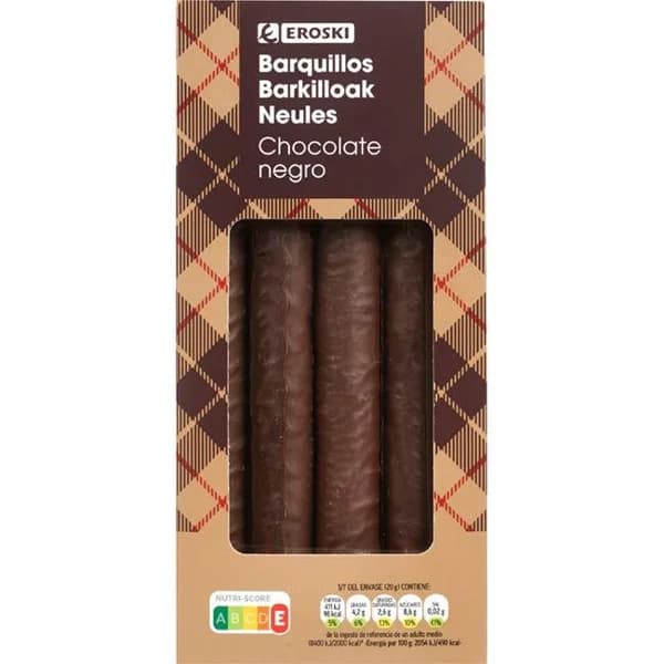 Barquillos cubiertos de chocolate negro EROSKI, caja 140 g - 1 ud - Imagen del producto en Findit