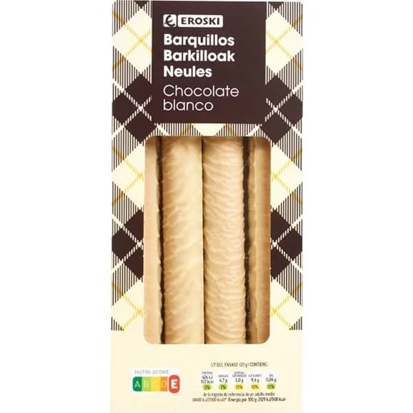 Barquillos cubiertos de chocolate blanco EROSKI, caja 140 g - 1 ud - Imagen del producto en Findit
