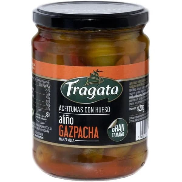 Aceituna verde con hueso estilo gazpacha FRAGATA, frasco 250 g - 1 ud - Imagen del producto en Findit