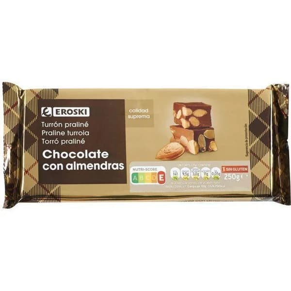 Turrón praliné de chocolate con almendras EROSKI, tableta 250 g - 1 ud - Imagen del producto en Findit