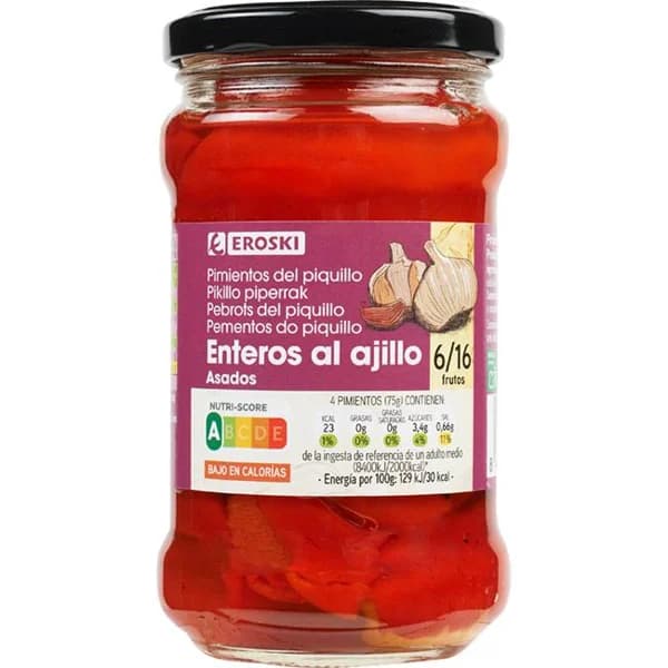 Pimiento de piquillo al ajillo EROSKI, frasco 225 g - 0.23 kg - Imagen del producto en Findit