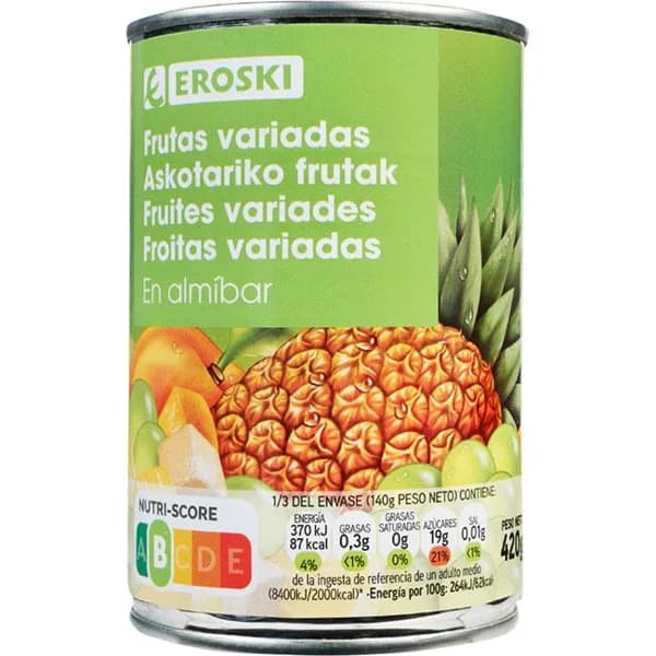 Frutas variadas en almíbar EROSKI, frasco 240 g - 0.24 kg - Imagen del producto en Findit