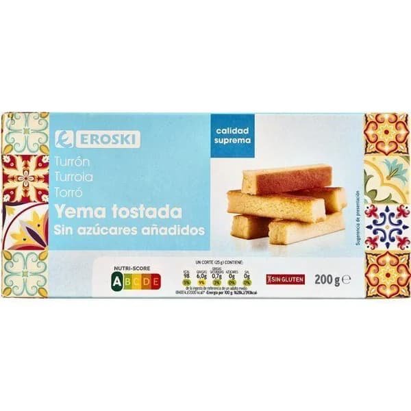 Turrón de yema tostada sin azúcar EROSKI, caja 200 g - 1 ud - Imagen del producto en Findit