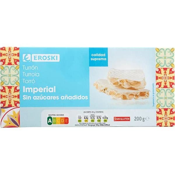 Turrón imperial sin azúcar EROSKI, caja 200 g - 1 ud - Imagen del producto en Findit