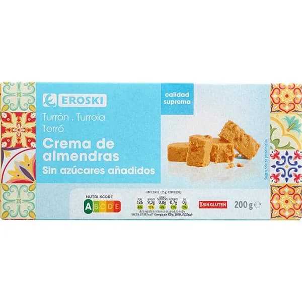 Turrón blando sin azúcar EROSKI, caja 200 g - 1 ud - Imagen del producto en Findit