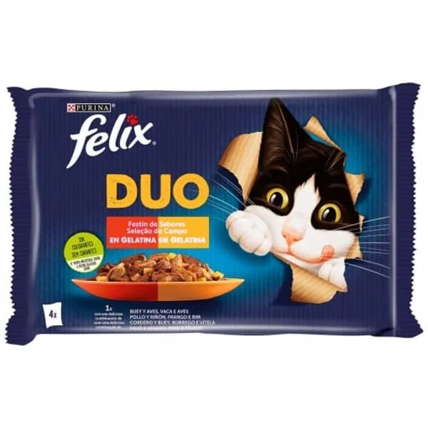 Gelatina selección de carnes para gatos Felix Duo Purina 4 sobres - 0.34 kg - Imagen del producto en Findit