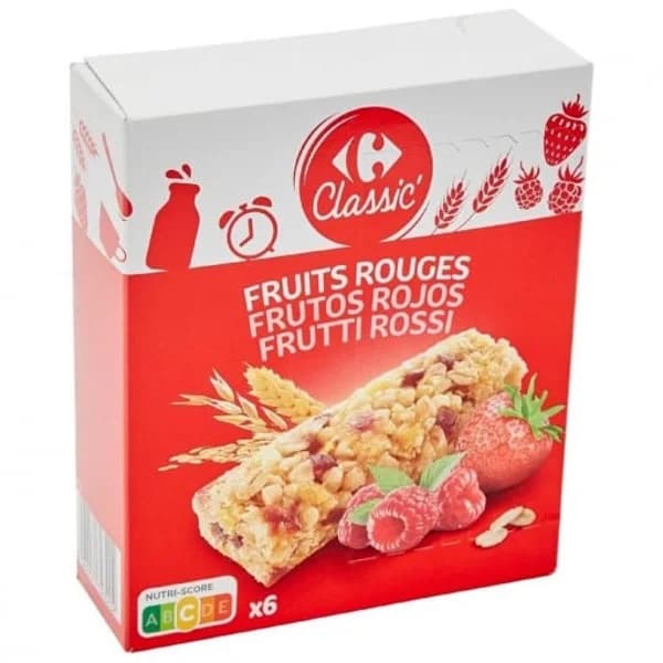 Barritas de cereales con frutos rojos Classic Carrefour pack de 6 unidades de 18 g. - 0.13 kg - Imagen del producto en Findit