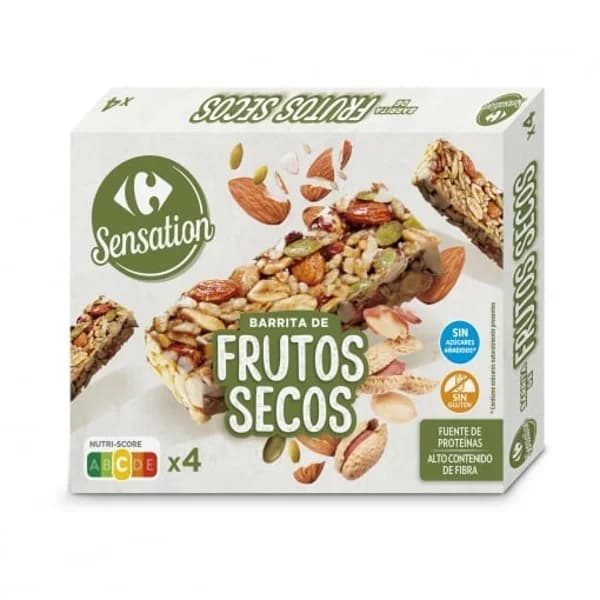 Barritas de frutos secos Carrefour Sensation sin gluten y sin azúcar añadido pack de 4 unidades de 30 g. - 0.12 kg - Imagen del producto en Findit