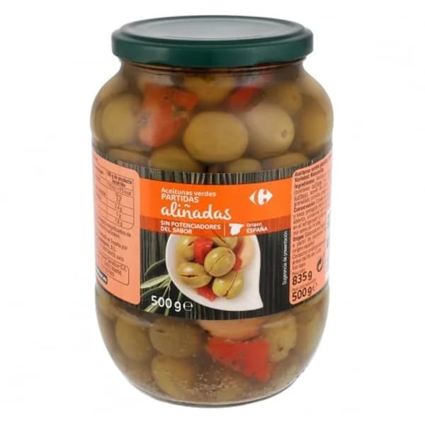 Aceitunas verdes manzanilla partidas y aliñadas Carrefour 500 g. - 0.5 kg - Imagen del producto en Findit