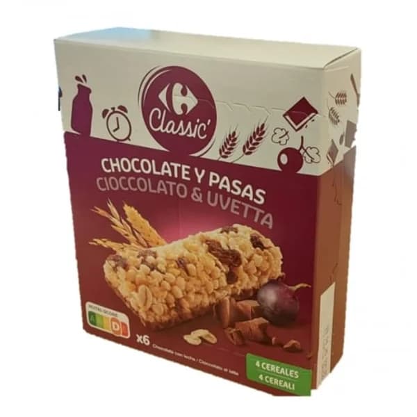 Barritas de cereales con chocolate, uvas y pasas Carrefour 6 unidades de 21 g. - 0.13 kg - Imagen del producto en Findit