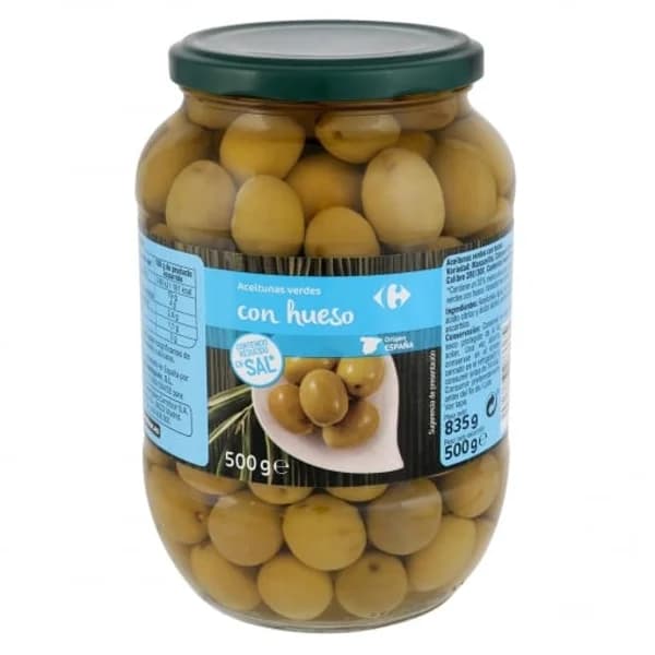 Aceitunas verdes manzanilla con hueso bajo contenido en sal Carrefour 500 g. - 0.5 kg - Imagen del producto en Findit