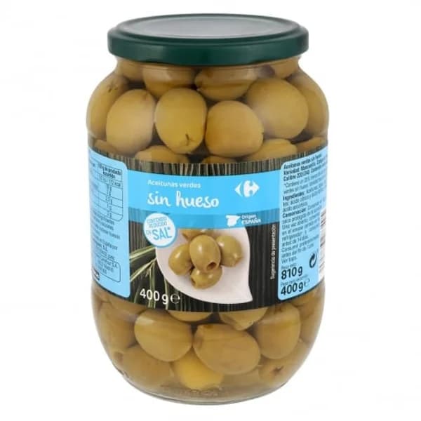 Aceitunas verdes manzanilla sin hueso bajo contenido en sal Carrefour 400 g. - 0.4 kg - Imagen del producto en Findit