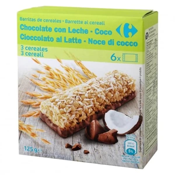 Barritas de cereales con chocolate con leche y coco Carrefour 6 unidades de 20,83 g. - 0.12 kg - Imagen del producto en Findit