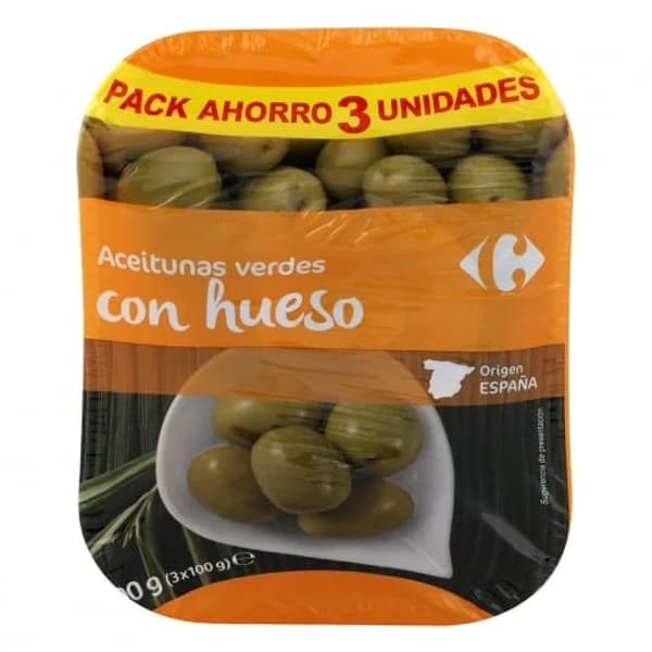 Aceitunas verdes manzanilla con hueso Carrefour pack de 3 bolsas de 100 g. - 0.3 kg - Imagen del producto en Findit