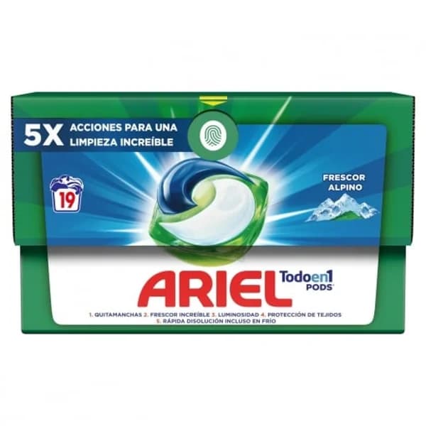 Detergente en cápsulas alpes Todo en Uno Pods Ariel 19 lavados. - 18.94 ud - Imagen del producto en Findit