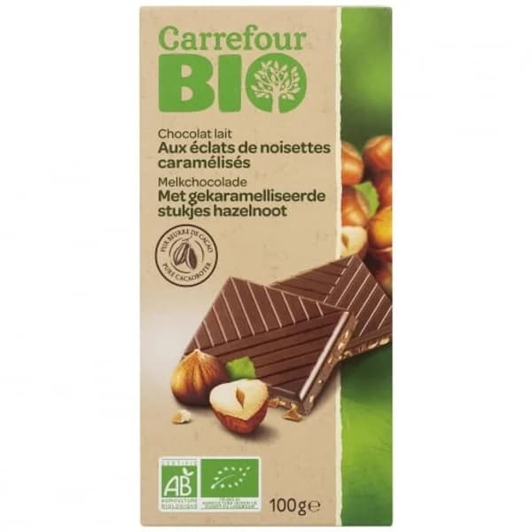 Chocolate con leche con avellanas caramelizadas ecológico Carrefour Bio 100 g. - 0.1 kg - Imagen del producto en Findit