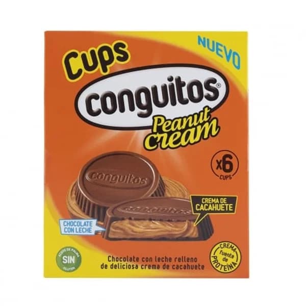 Chocolate con leche relleno con crema de cacahuete Conguitos Cups sin gluten y sin aceite de palma 102 g. - 0.1 kg - Imagen del producto en Findit