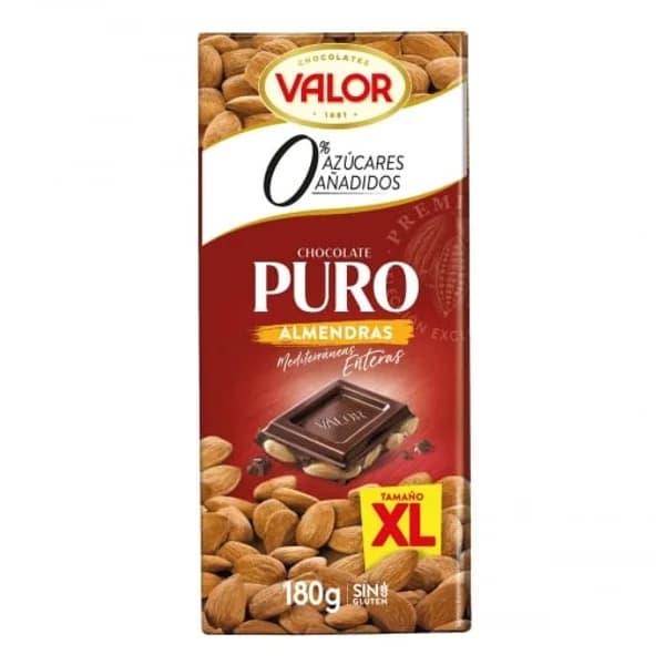 Chocolate puro con almendras mediterráneas enteras XL con stevia sin azúcar añadido Valor sin gluten 180 g. - 0.18 kg - Imagen del producto en Findit