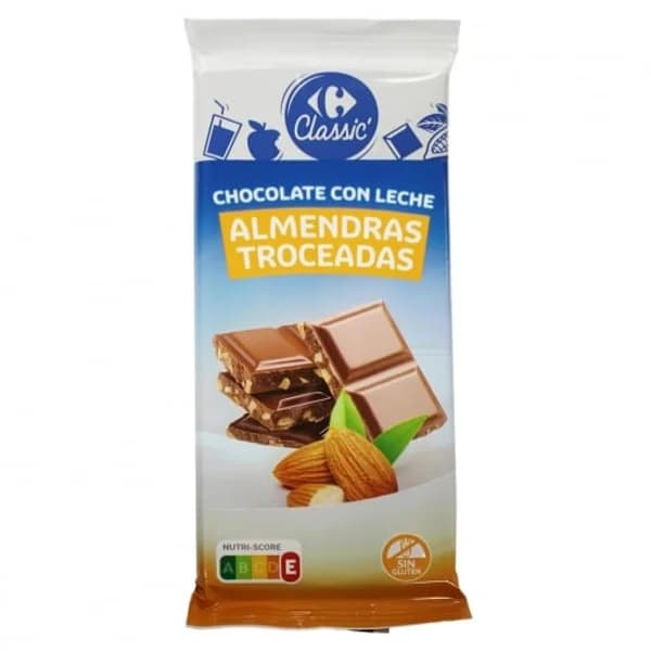 Chocolate con leche y almendras troceadas Carrefour Classic sin gluten 150 g. - 0.15 kg - Imagen del producto en Findit