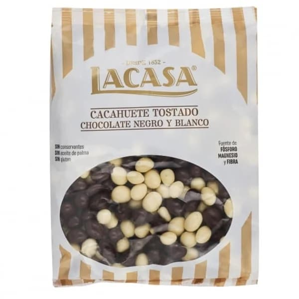 Cacahuete cubierto de chocolate blanco y negro Lacasa sin gluten y sin aceite de palma 450 g. - 0.45 kg - Imagen del producto en Findit