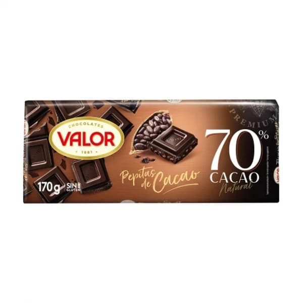 Chocolate negro 70% con pepitas de cacao Valor sin gluten 170 g. - 1 ud - Imagen del producto en Findit