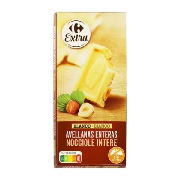 Chocolate blanco con avellanas enteras Extra Carrefour sin gluten 200 g. - 0.2 kg - Imagen del producto en Findit