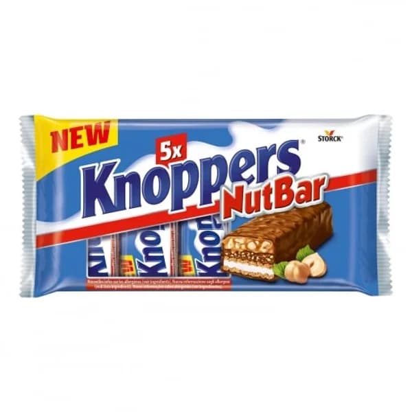 Barquillo con crema, avellanas picadas y caramelo cubierto con chocolate Knoppers Nutbar 200 g. - 0.2 kg - Imagen del producto en Findit