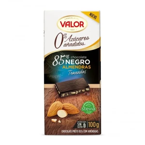 Chocolate negro 85% almendras troceadas sin azúcares añadidos Valor sin gluten 100 g. - 0.1 kg - Imagen del producto en Findit