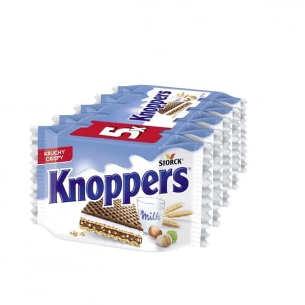 Barquillos rellenos de crema con leche y crema con praliné y cubierta al cacao Knoppers 5 unidades de 25 g. - 0.13 kg - Imagen del producto en Findit