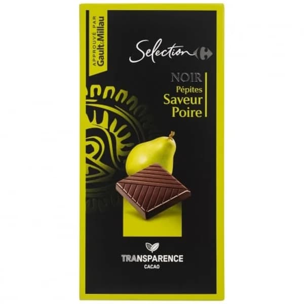 Chocolate negro con pepitas sabor a pera y almendras caramelizadas Selection  Carrefour 100 g. - 1 ud - Imagen del producto en Findit