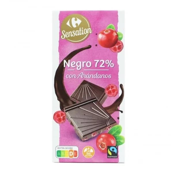 Chocolate negro 72% con arándanos Carrefour Sensation sin gluten 100 g. - 0.1 kg - Imagen del producto en Findit