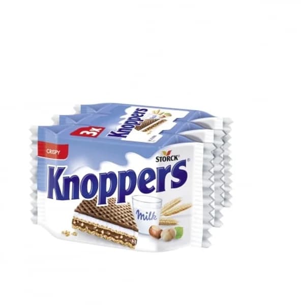 Barquillos rellenos de crema con leche y crema con praliné y cubierta al cacao Knoppers 3 unidades de 25 g. - 0.07 kg - Imagen del producto en Findit