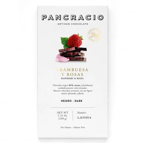 Chocolate negro con frambuesas y rosas Pancracio sin gluten 100 g. - 0.1 kg - Imagen del producto en Findit