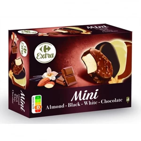 Mini bombón helado de almendras, negro, blanco y chocolate Extra Carrefour 8 ud. - 7.9 ud - Imagen del producto en Findit