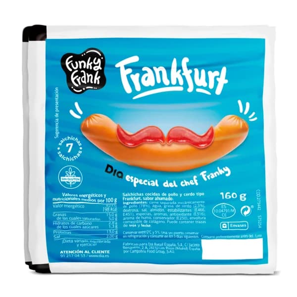 Salchichas cocidas frankfurt Funky Frank de Dia bolsa 4 x 160 g - 1 ud - Imagen del producto en Findit