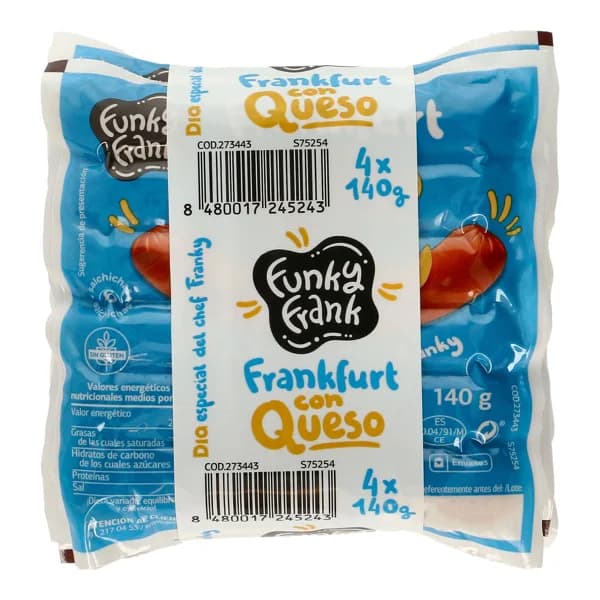 Salchichas cocidas frankfurt con queso Funky Frank de Dia bolsa 4 x 140 g - 1 ud - Imagen del producto en Findit
