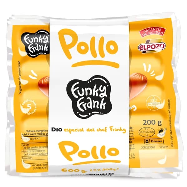 Salchichas cocidas Viena de pollo Funky Frank de Dia bolsa 3 x 200 g - 1 ud - Imagen del producto en Findit