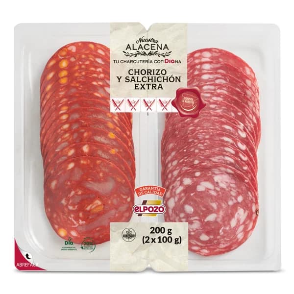 Chorizo y salchichón extra Nuestra Alacena de Dia bandeja 2 x 100 g - 0.2 kg - Imagen del producto en Findit