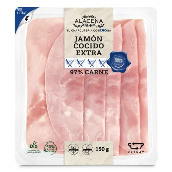 Jamón cocido extra 97% carne Nuestra Alacena de Dia sobre 150 g - 0.15 kg - Imagen del producto en Findit