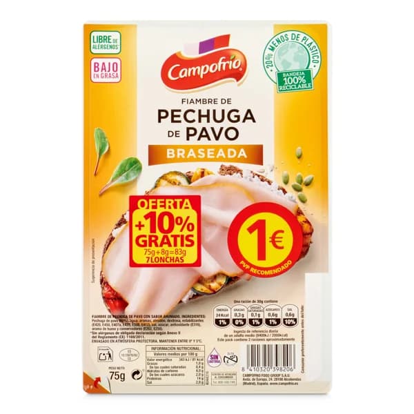 Pechuga de pavo braseado Campofrío sobre 75 g - 0.07 kg - Imagen del producto en Findit
